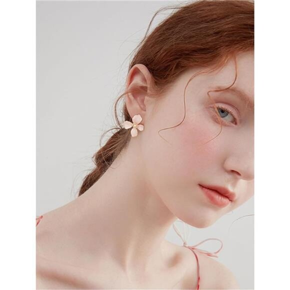 Pink Flower Dangle Earrings – Elegant Pearl-Embellished Design - Picture 3 of 5